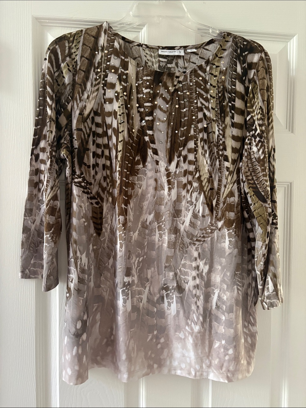 Susan Graver Long-Sleeve Feather-Print Tunic in Brown and Beige